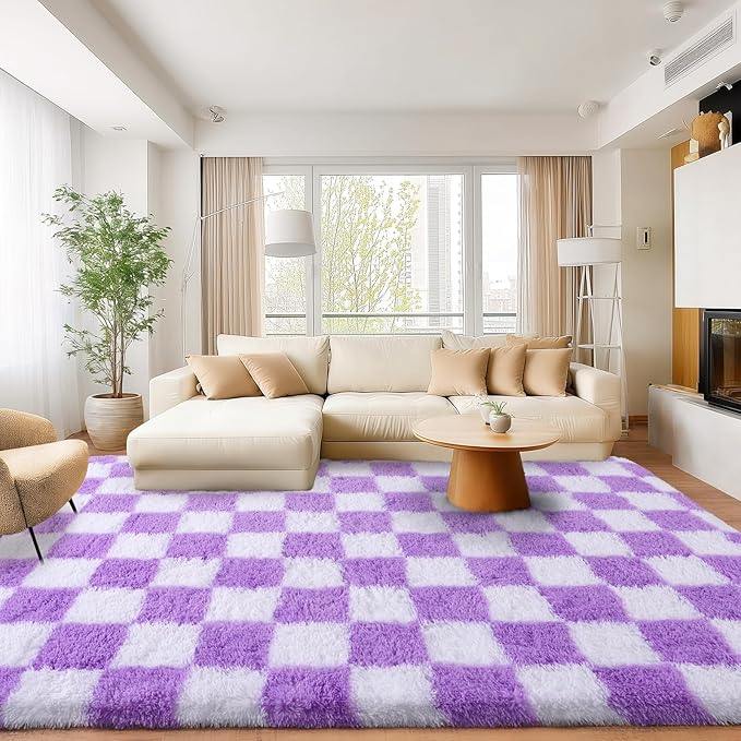 Area Rugs for Living Room 9x12, Ultra Fluffy Shag Checkered Rug Modern Washable Carpet Soft Shaggy Non Slip Indoor Plush Fuzzy Rugs for Bedroom Dorm Office Home Aesthetic Decor, White and Purple