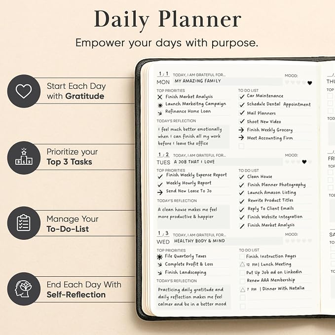 2026 Planner, Daily Journal & Gratitude Journal All-In-One with To Do List, Self Care Prompts & Habit Tracker - 7 x 10 - Black