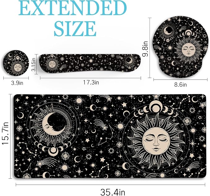 LIMKRIAN Sun Moon Mouse Pad Set Desk Mat Pad, XXL Large Gaming Mouse Pad with Wrist Rest, Ergonomic Mouse Pad, Keyboard Wrist Rest, Coaster, Home Office Desk Accessories Decor Supplies, Boho Abstract