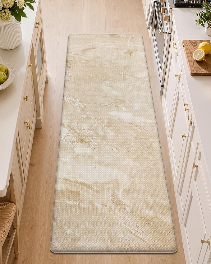 Color&Geometry Kitchen Mats for Floor 24x87 Cream/Beige Marble Design | Non Slip Kitchen Runner, Easy Clean, Oil/Water Proof, 0.4in Thick Antifatigue Standing Mat For Laundry/Office, Home Decor