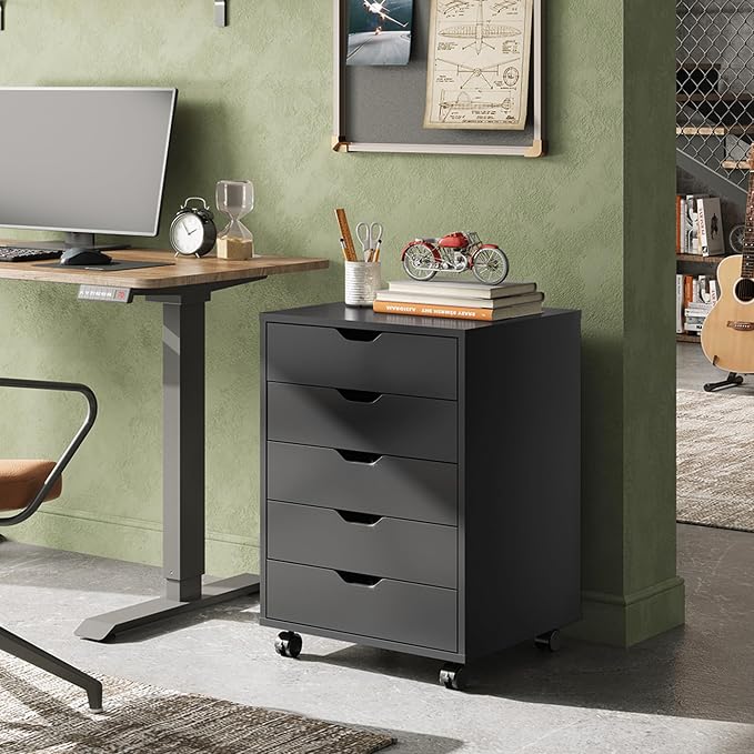 DEVAISE 5-Drawer Filing Cabinet, Under Desk file Cabinet, Black | Wood, Office Storage Cabinet, Printer Stand with Wheels, Drawer Chest, Home Office