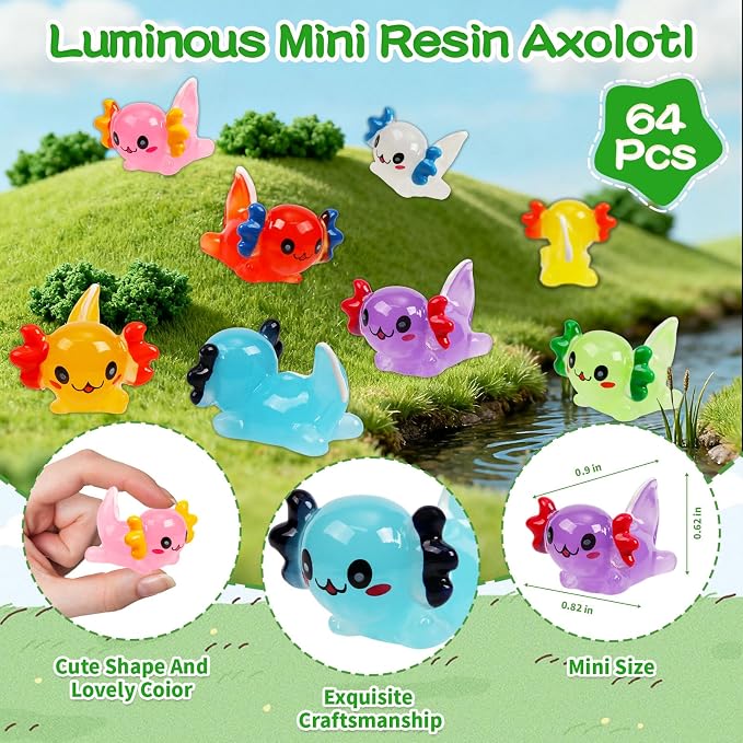 64PCS Luminous Mini Resin Axolotl 8 Colors Glow in The Dark Small Little Resin Axolot to Hide Bulk Miniature Plastic Animal Figures for Micro Landscape Dollhouse Fairy Garden Aquarium Potted DIY Decor