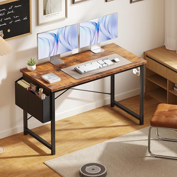 OLIXIS Computer Desk, 47 Inch Home Office Desks for Small Spaces, Writing Craft Study Gaming Table for Bedroom, Modern Computer Workstation with Storage Bag and Headphone Hook, Rustic Brown