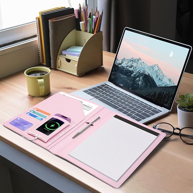 Ospelelf Pink Business Padfolio for Women, Faux Leather Clipboard Folio with Notepad and Pocket, Resume Legal Pad Holder
