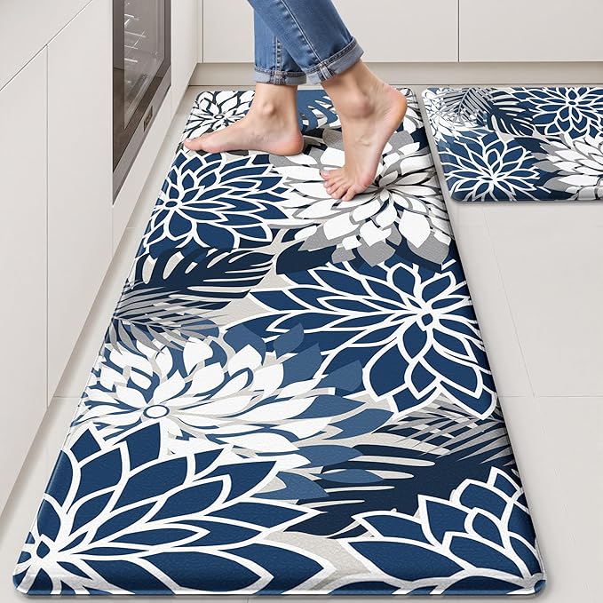 Arenarug Kitchen Mats for Floor 2PCS Cushioned Anti Fatigue Kitchen Mats Waterproof Non Slip Kitchen Mat Rug Set Comfort Foam Standing Mat for Sink, Laundry, Office, 24"x39"+24"x59", Blue Gray