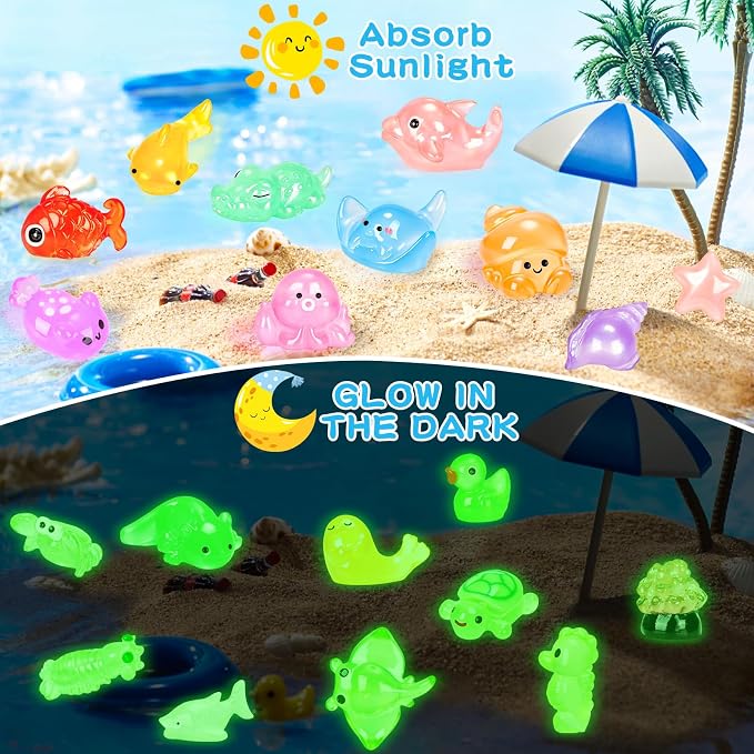120PCS Luminous Mini Ocean Resin Animals 20 Style Glow in The Dark Tiny Sea Animal Figurines Miniature Plastic Animals Aquarium Decoration for DIY Crafts Fish Tank Potted Fairy Garden Dollhouse