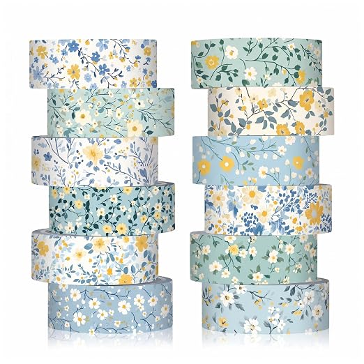 12 Rolls Watercolor Floral Washi Tape Set 15 mm Vintage Flower Decorative Masking Tape for Summer School Arts DIY Craft Scrapbook Journal Supplies Gifts(Blue,Wildflower)