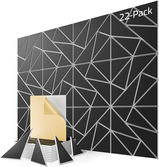 22-Pack Felt Acoustic Panels,12"x12"x0.4" Soundproof Wall Panels, Peel & Stick Sound Proof Foam Panels for Walls, Geometric Noise Reduction Panels for Home Office,Studio (Black on White)