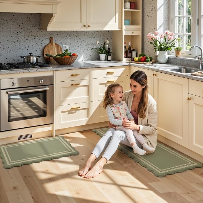 KIMODE Anti Fatigue Mats for Kitchen Floor,Farmhouse Kitchen Rugs Sets of 2 | 17"x47"+17"x29" Cushioned Kitchen Floor Mat Non Skid, Memory Foam Kitchen Mat for Laundry Office Sink Desk Dorm Olive Green