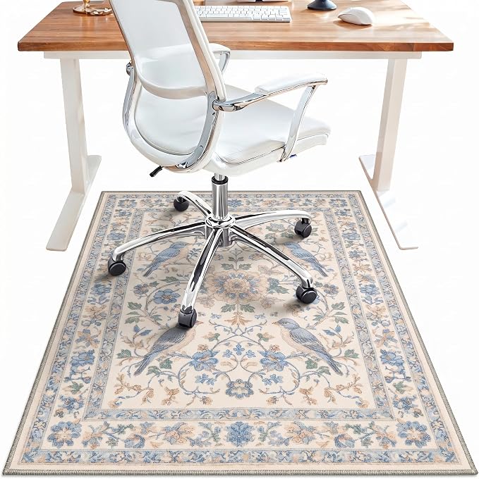 48"x72" Office Chair Mat for Hardwood Tile Floor, Under Desk Carpet Protector for Rolling Computer Chair Mat, Machine Washable Area Rug, Anti-Slip 1/5" Thick Low Pile Thin Vinyl Floor Mat, Azure Ivory