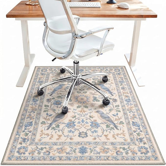 36"x48" Office Chair Mat for Hardwood Tile Floor, Under Desk Carpet Protector for Rolling Computer Chair Mat, Machine Washable Area Rug, Anti-Slip 1/5" Thick Low Pile Thin Vinyl Floor Mat, Azure Ivory