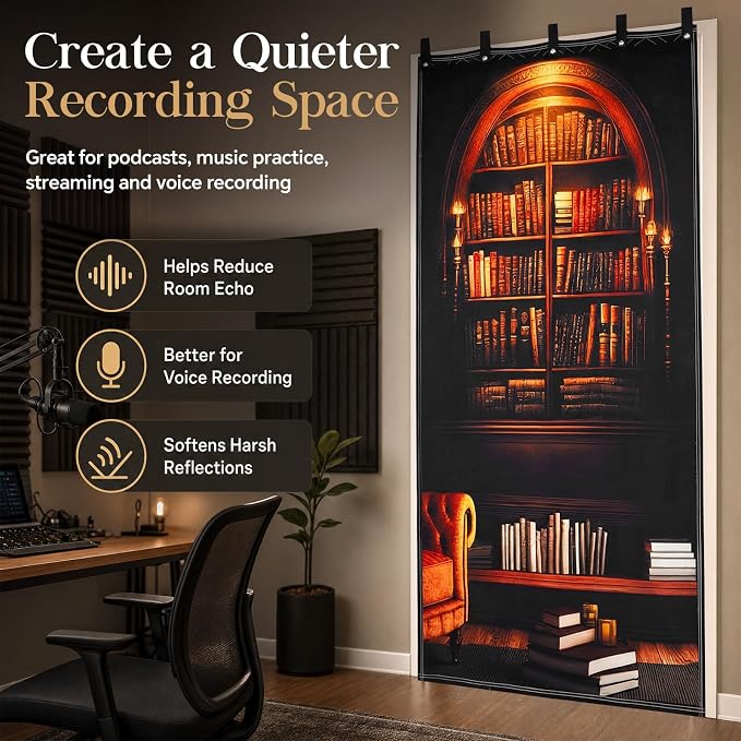 Tegeme Vintage Sound Dampening Blanket, Soundproof Curtain 80 x 48 Inch, Decorative Soundproof Blanket with Grommets for Windows, Doors, Studio Corners, Music Recording, Retro Bookshelf Printed