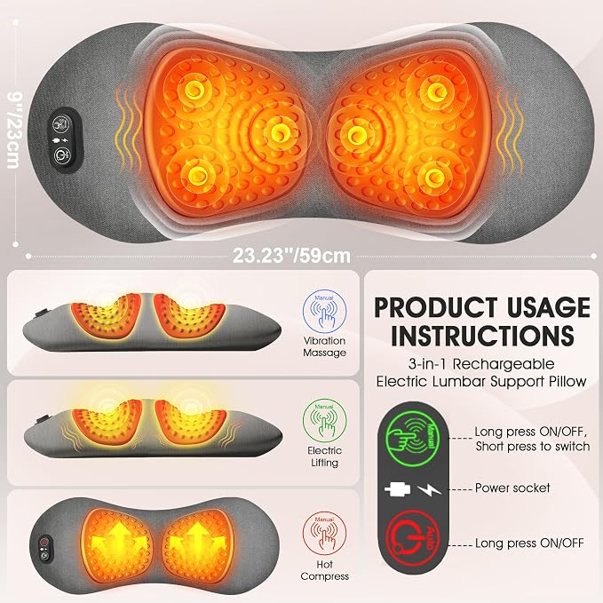 3-In-1 Update Rechargeable Electric Lumbar Support Pillow,Triple Fusion Back Massager With Heat,Vibration & Traction Triple Fusion Massager For Sciatica,Back Massager For Pain Relief Deep Tissue Bed