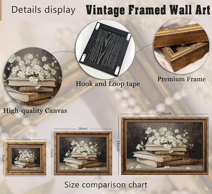 Vintage Gold Framed Wall Art Retro Moody Books and Flowers Oil Painting Canvas Print Dark Academia Decor Rustic Farmhouse Dark Floral Picture Poster Artwork for Study Library Office Bedroom