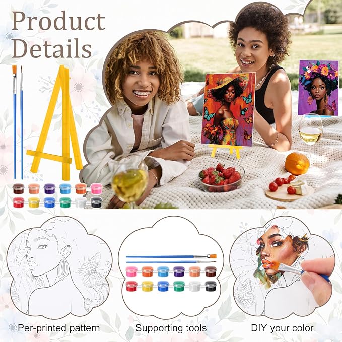 Blosssound 10 Set Pre Printed Canvas Pre Drawn Canvas Painting with Easel Kits 5" x 7" Outline Painting Panels for Beginners, DIY Craft Project, Party Favor, Home Decors(Flower Lady)