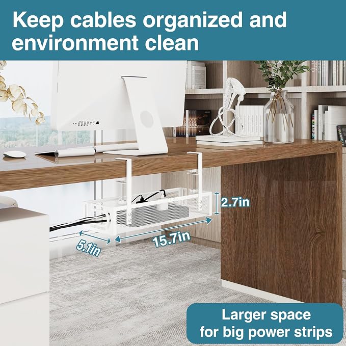 No Drill Under Desk Cable Management Tray, SONATURE 15.7" Cord Organizer for Table, Clamp Mount Desk Cable Management, Premium Carbon Steel Cable Organizer for Office, Home (White)