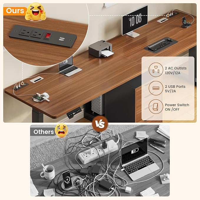 SEDETA Standing Two Person Desk, 94'' Long Computer Desk with 4 Drawers, 2 Power Outlets, CPU Stand, Electric Height Adjustable 2 Person Desk with Cable Management for Home Office, Black+Brown
