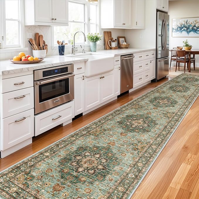 Washable Oriental Hallway Runner Rug - 3x16 Rugs for Living Room Soft Carpet for Bedroom Kitchen Waterproof Floral Distressed Indoor Stain Resistant Non-Shedding Floor Carpets (Green, 3X16)