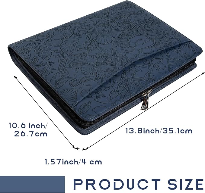 Dark Blue Embossed Portfolio Binder,Padfolio for Men and Women,Vegan PU Leather Padfolio with Zipper,A4 Planner Folder with Laptop Pocket, WorkBinder Organizer for Resume/Interview