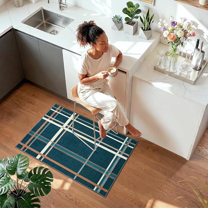 Terrug Plaid Area Rug for Entryway, Blue 2x3 Small Checkered Rugs Washable with Non Slip for Kitchen, Soft Low Pile Abstract Carpet for Home Office Front Door Porch