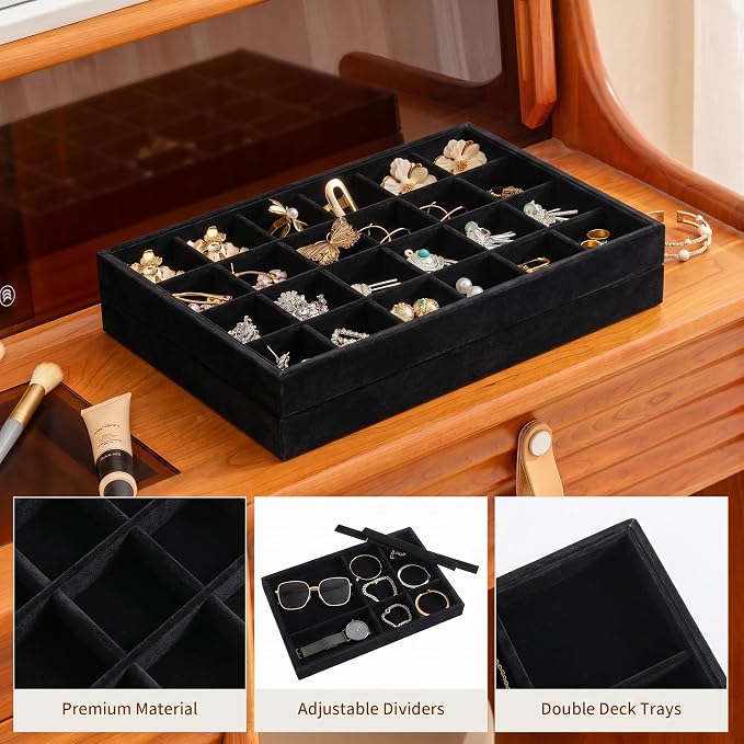 Jewelry Trays for Drawer,Set of 2 Jewelry Organizer and Storage | Velvet Material,Stackable,Adjustable Dividers,Drawer Inserts for Rings Studs Bracelet,Earring Organizer for Women Girls