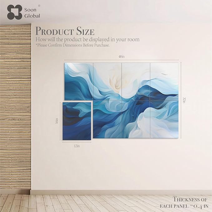Soon Global 8-Pack Acoustic Panels, Soundproof Wall Panels, 48 X 32 Inches Sound Absorbing Panels, Decorative Acoustical Wall Panels, Acoustic Treatment for Recording Studio, Harmony in Azure