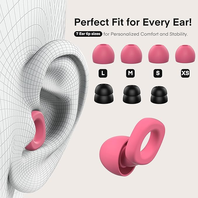 Fita+ Soft Reusable Ear Plugs for Noise Reduction up to 33dB, 7 Pairs XS/S/M/L, Soft Silicone Ear Plugs for Sleeping, Noise Cancelling for Work, Focus - Red