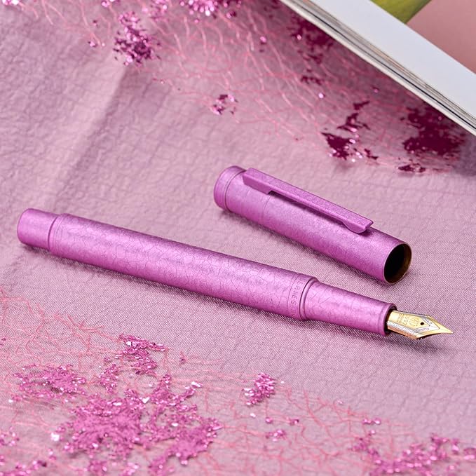 Hongdian 1851 Forest Fountain Pen Pink Ice Flowers, Medium Nib Classic Design with Converter and Metal Pen Case