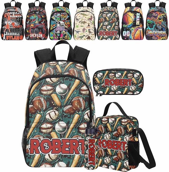 Personalized Baseball Backpack with Name Back to School Supplies Bookbag for Kids Boys Custom Football Balls Player Schoolbag and Water Bottle Cup&Pencil Pouch School Backpacks with Lunch Box Set