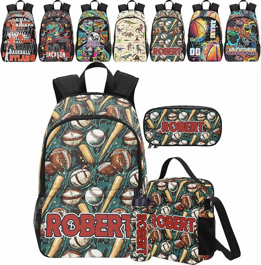 Personalized Baseball Backpack with Name Back to School Supplies Bookbag for Kids Boys Custom Football Balls Player Schoolbag and Water Bottle Cup&Pencil Pouch School Backpacks with Lunch Box Set