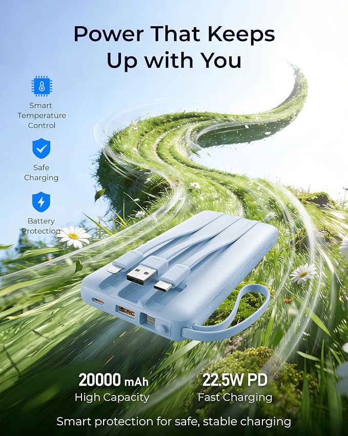VRURC Portable Charger Slim 20000mAh Power Bank,22.5W PD Fast Charging Travel Essentials Powerbank 4-Built-in-Cables&2 Extra Ports Compatible with iPhone,iPad,Galaxy,Android (Sky-Blue)