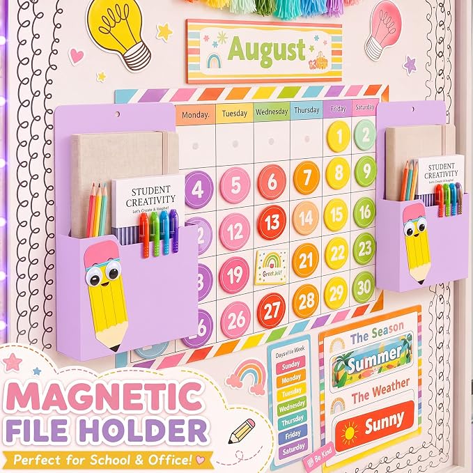 Gilprop 2 Pcs Pencil Purple Magnetic File Folder Holder Pocket File Organizer Classroom Decor Teacher Desk Accessory for Whiteboard Mail Paper Book No Drilling Elementary School Kindergarten Essential