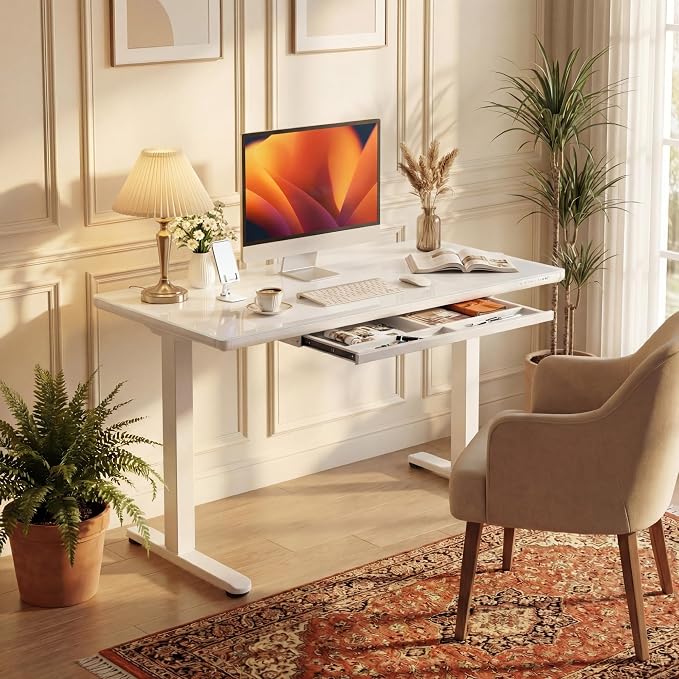 YESHOMY Electric Standing Desk with Tempered Glass Top, 47.2" Height Adjustable Desk with Partitioned Drawer & USB/Type-C Ports, Sit Stand Desk for Home Office, White