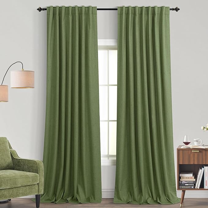 KOUFALL Olive Green Retro Mid Century Modern Curtains for Office,Boho Linen Blackout Curtains for Dining Room,Cortinas para Sala Elegantes