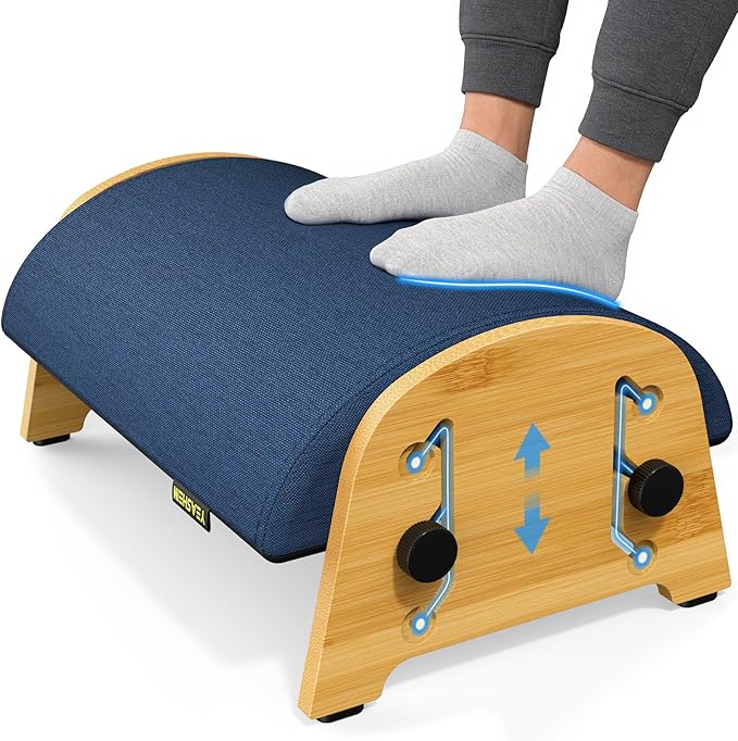 Ergonomic Foot Rest Under Desk at Work, Bamboo Wood Adjustable Foot Stool Under Desk with 6 Positions, Office Footrests with Memory Foam, Leg Rest Used for Car, Home, PC Gaming Accessories
