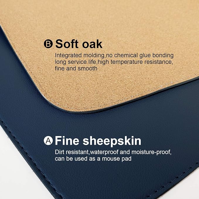 DAWNTREES Dual Sided Desk Mat,Leather Desk Pad,40"x16",Cork Desk Mat Protector,with PU Leather Valet Tray Organizer,Large Mouse Pad,Desk Writing Pad for Office and Home(Dark Blue)