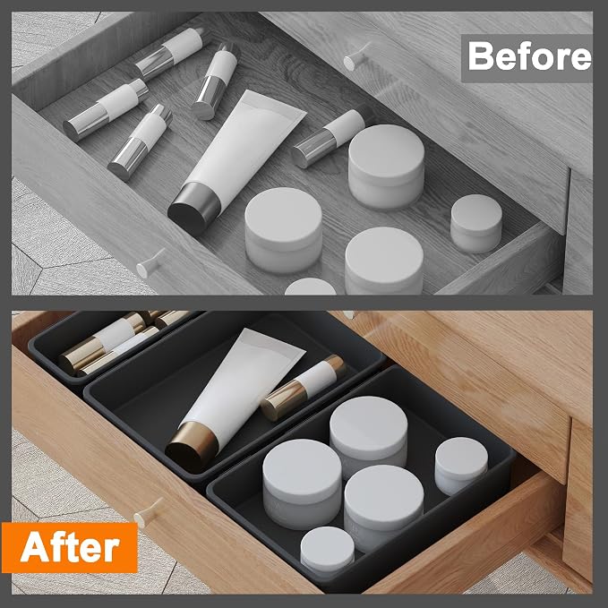 QUELIEN Desk Drawer Organizer Tray Set, 8PCS Plastic Drawer Organizer Bins for Office, Makeup, Kitchen - Gray Blue Desk Organizer with Flexible Interlocking Design for Efficient (Gray Blue, 8PCS)