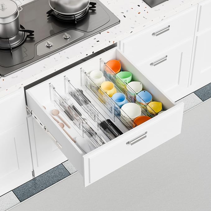 12 Pack Clear Acrylic Drawer Divider 6 Inch High,Expandable from 14-20'',Adjustable Dresser Drawer Dividers for Baby Clothing,Underwear and Sock,Separators,Deep Drawer Separators for Kitchen