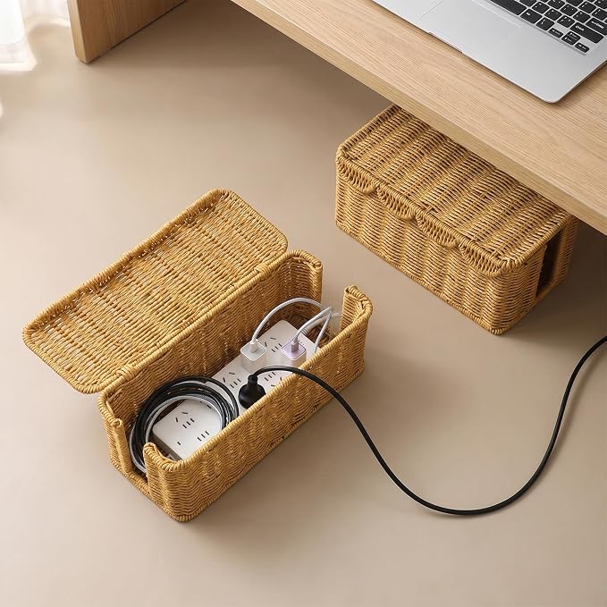 2PCS Cable Management Box, Handwoven Imitation Rattan Cord Organizer, Handmade Rattan Cable Organizer Wire Hider Box, Open Slots Cords Hider BoxCord Basket Under Desk Cord Organizers
