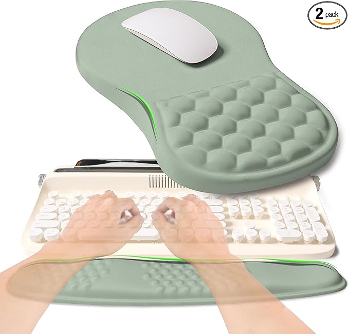 2-in-1 Ergonomic Set, Wave Rise Keyboard Wrist Rest and Massage Bulge Slope Mouse Pad Wrist Support, Cushion Memory Foam Integrated to Relieve Wrist Pain, Light Green