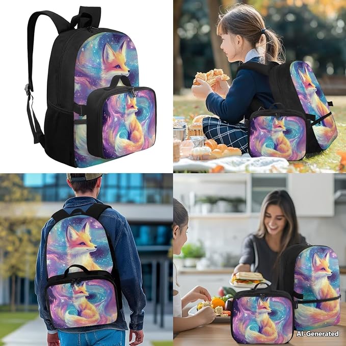 Doojoayie Cute Fox Backpack for Girls with Lunch Box 17 inch Kids Bookbag Kawaii Backpack for Girls Aesthetic Kindergarten Back to School Bags for Teens Junior Large Capacity Back Pack