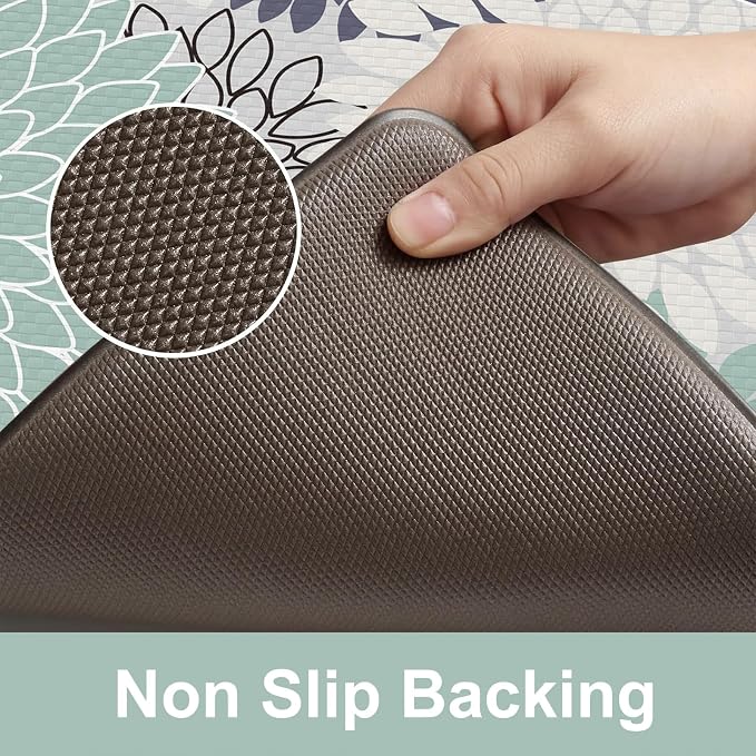 KIMODE Anti Fatigue Mats for Kitchen Floor Comfort Cushioned Rugs Sets of 2 | 20"x32"+20"x47",Teal,Floral Farmhouse, Waterproof,Ergonomic Standing Mat 2PCS,,Non Slip,Kitchen Sink Rug,Laundry Office