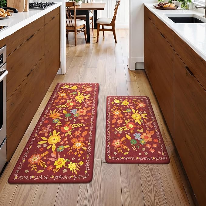GENIMO Anti Fatigue Kitchen Mats for Floor 2PCS, Cushioned Standing Mats | 17.3"x47"&17.3"x30", Red vintage floral rug set, waterproof, non slip, easy-clean for farmhouse