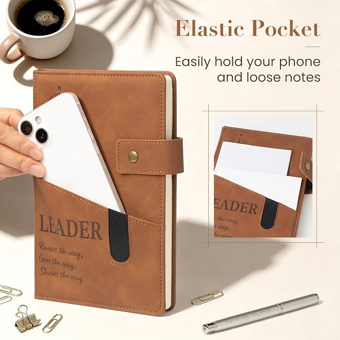 Boss Appreciation Gifts for Men Women - A5 Gratitude Leader Leather Journal Notebook with Engraved Pen & Front Phone Pocket, Thank You Boss's Day Farewell Going Away Gift for Manager Mentor Supervisor