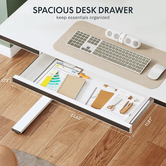 SANODESK 48" One-Piece Standing Desk with Acrylic-Front Drawer, Fast-Assembly Ergonomic Sit-to-Stand Desk with MDF Top, 4 Height Memory Presets Touch-Control, Home Office Computer Workstation, White