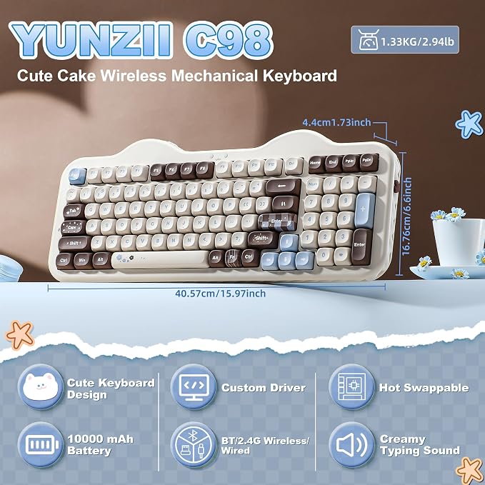 YUNZII C98 Wireless Mechanical Keyboard with Number Pad,98 Key BT5.0/2.4G/USB-C Hot Swap Gasket Mount with PBT MOA Keycaps,Custom RGB,Cute Cake Keyboard for Win/Mac (Choco, Milk V2 Linear Switch)