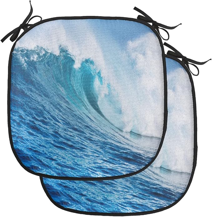 Lunarable Ocean Chair Cushion Pads Set of 2, Sea Storm with a Swirling Wave Surfing Themed Sky and Water Picture Print, Anti-Slip Seat Padding for Kitchen & Patio, 16"x16", White Blue and Aqua