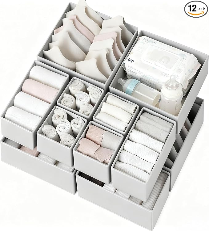 Drawer Organizer Clothes 12 Pack, Dresser Organizer for Nursery Bedroom Closet Organization and Storage - Baby Clothes Organizer Bins - Drawer Divider for Sock Underwear Bra Ties (Grey)