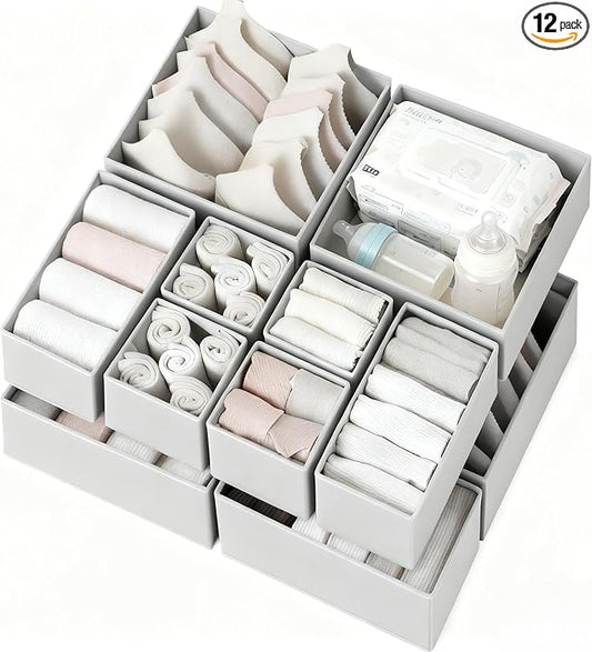 Drawer Organizer Clothes 12 Pack, Dresser Organizer for Nursery Bedroom Closet Organization and Storage - Baby Clothes Organizer Bins - Drawer Divider for Sock Underwear Bra Ties (Grey)