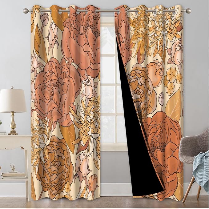Boho Floral Blackout Curtains for Bedroom, Bohemian Patterned Black Out Curtains 84 inch Long, Spring Room Darkening Curtains for Living Room, Thermal Insulated Window Bedroom Curtains 2 Panels Set